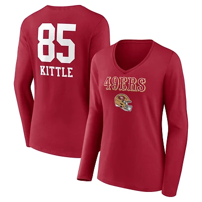 Women's George Kittle Scarlet San Francisco 49ers Team Wordmark Name & Number Long Sleeve V-Neck T-Shirt