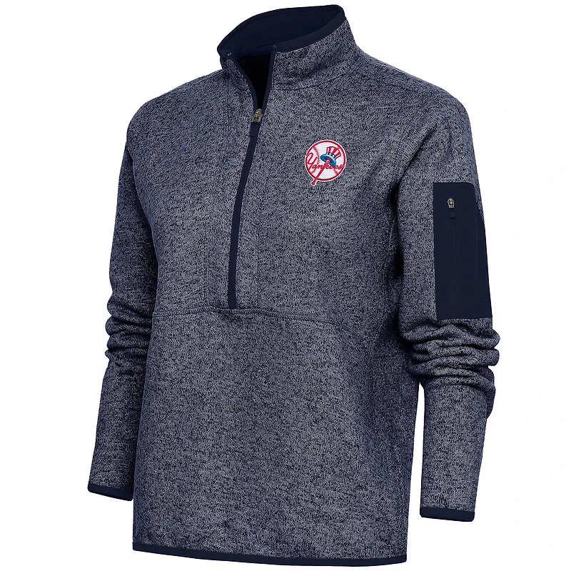 Women's Antigua  Heather Navy New York Yankees Cooperstown Logo Fortune Quarter-Zip Pullover Jacket