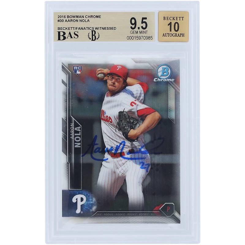 Aaron Nola Philadelphia Phillies Autographed 2016 Bowman Chrome #30 Beckett Fanatics Witnessed Authenticated 9.5/10 Rookie Card