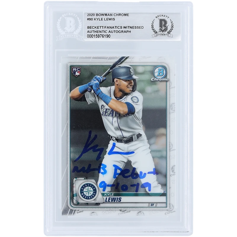 Kyle Lewis Seattle Mariners Autographed 2020 Bowman Chrome #90 Beckett Fanatics Witnessed Authenticated Rookie Card with "MLB Debut 9-10-19" Inscription