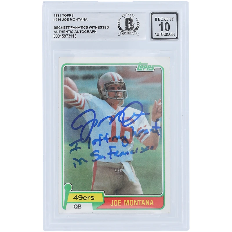 Joe Montana San Francisco 49ers Autographed 1980 Topps Series 1 #216 Beckett Fanatics Witnessed Authenticated 10 Rookie Card with "I Left My Heart In San Francisco" Inscription