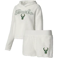 Women's College Concepts Cream Milwaukee Bucks Fluffy Long Sleeve Hoodie T-Shirt & Shorts Sleep Set