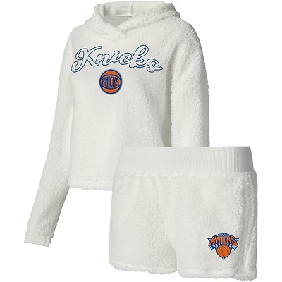Women's College Concepts Cream New York Knicks Fluffy Long Sleeve Hoodie T-Shirt & Shorts Sleep Set