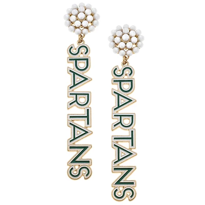Women' CANVAS Style Michigan State Spartans Pearl Cluster Outline Enamel Drop Earrings