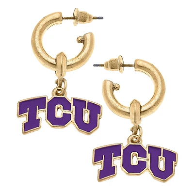 Women' CANVAS Style TCU Horned Frogs Enamel Drop Hoop Earrings