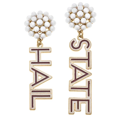 Women' CANVAS Style Mississippi State Bulldogs Pearl Cluster Outline Enamel Drop Earrings
