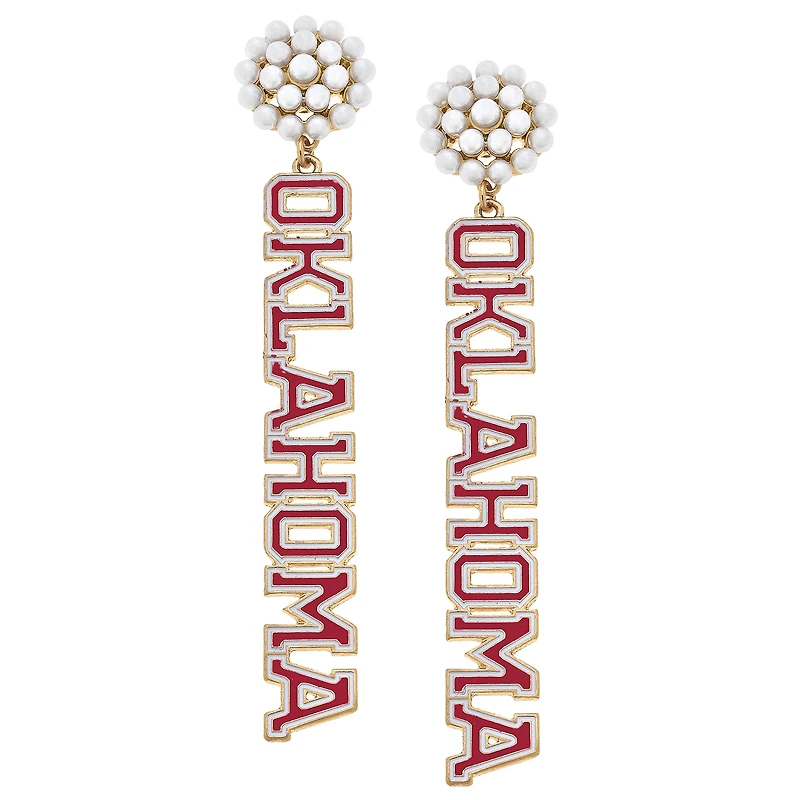 Women' CANVAS Style Oklahoma Sooners Pearl Cluster Outline Enamel Drop Earrings