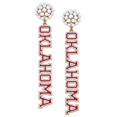 Women' CANVAS Style Oklahoma Sooners Pearl Cluster Outline Enamel Drop Earrings