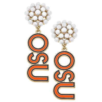 Women' CANVAS Style Oklahoma State Cowboys Pearl Cluster Outline Enamel Drop Earrings