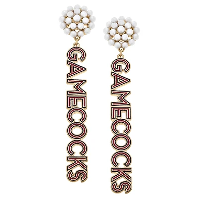 Women' CANVAS Style South Carolina Gamecocks Pearl Cluster Outline Enamel Drop Earrings