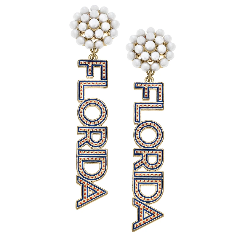 Women' CANVAS Style Florida Gators Pearl Cluster Dotted Enamel Drop Earrings