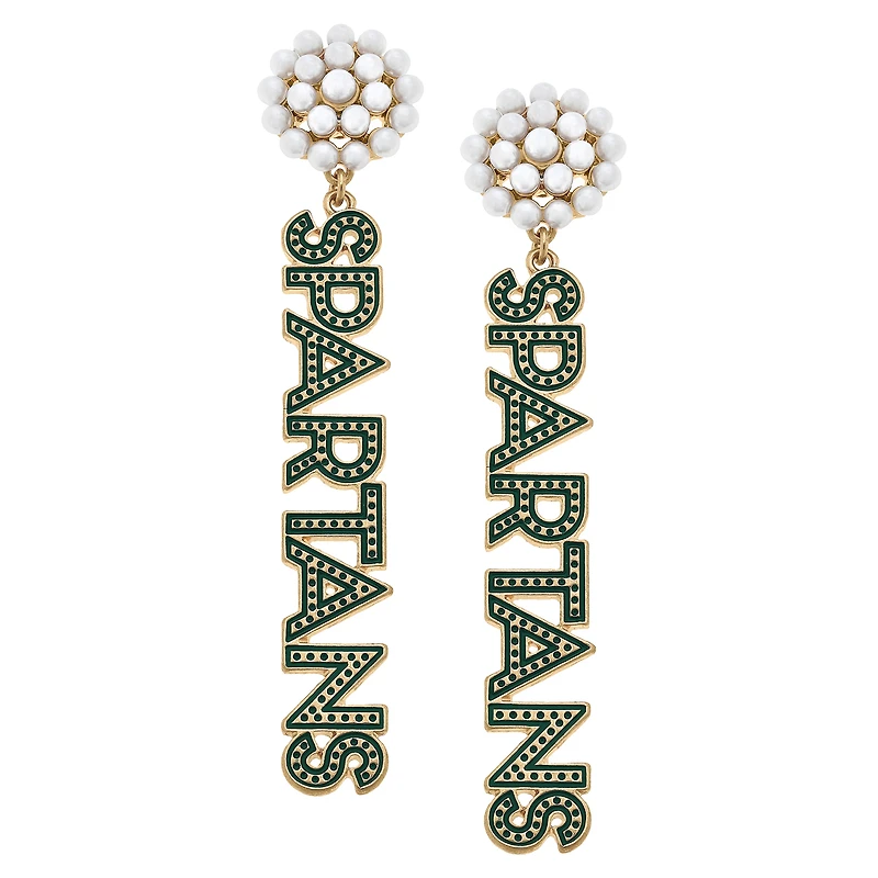 Women' CANVAS Style Michigan State Spartans Pearl Cluster Dotted Enamel Drop Earrings