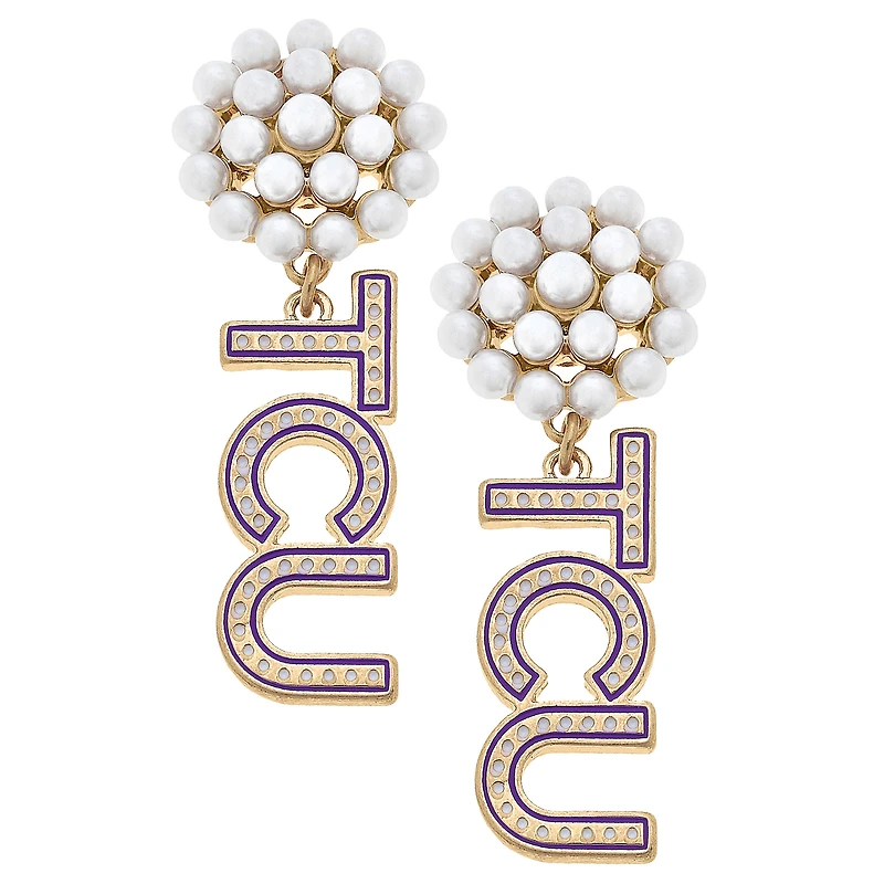 Women' CANVAS Style TCU Horned Frogs Pearl Cluster Dotted Enamel Drop Earrings
