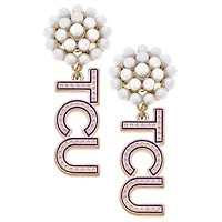 Women' CANVAS Style TCU Horned Frogs Pearl Cluster Dotted Enamel Drop Earrings