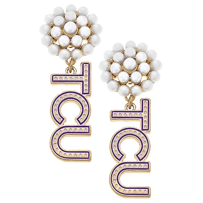 Women' CANVAS Style TCU Horned Frogs Pearl Cluster Dotted Enamel Drop Earrings