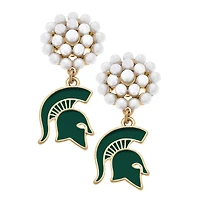 Women' CANVAS Style Michigan State Spartans Pearl Cluster Enamel Drop Earrings