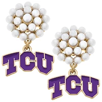 Women' CANVAS Style TCU Horned Frogs Pearl Cluster Enamel Drop Earrings