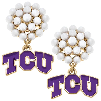 Women' CANVAS Style TCU Horned Frogs Pearl Cluster Enamel Drop Earrings