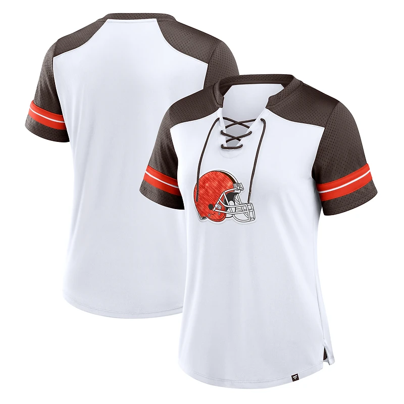Women's Fanatics White/Brown Cleveland Browns Foiled Primary Lace-Up T-Shirt
