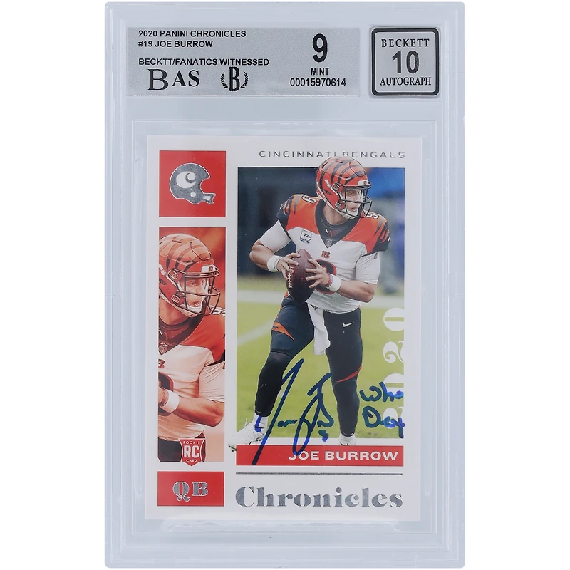 Joe Burrow Cincinnati Bengals Autographed 2020 Panini Chronicles #19 Beckett Fanatics Witnessed Authenticated 9/10 Rookie Card with "Who Dey" Inscription - 9,9,9.5,9 Subgrades