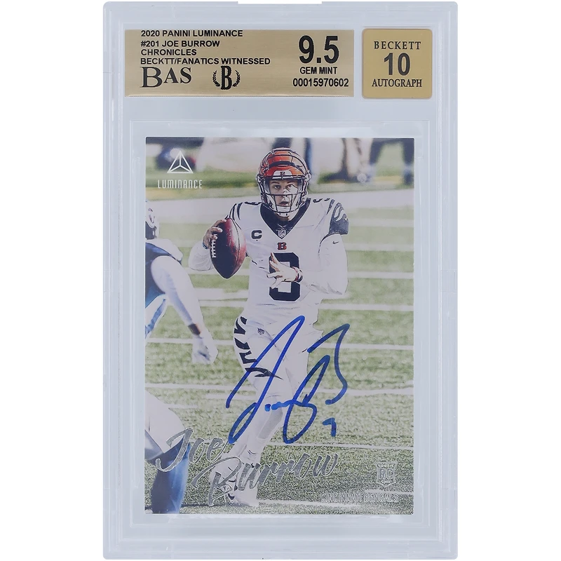 Joe Burrow Cincinnati Bengals Autographed 2020 Panini Luminance #201 Beckett Fanatics Witnessed Authenticated 9.5/10 Rookie Card - 9.5,9.5,9.5,10 Subgrades