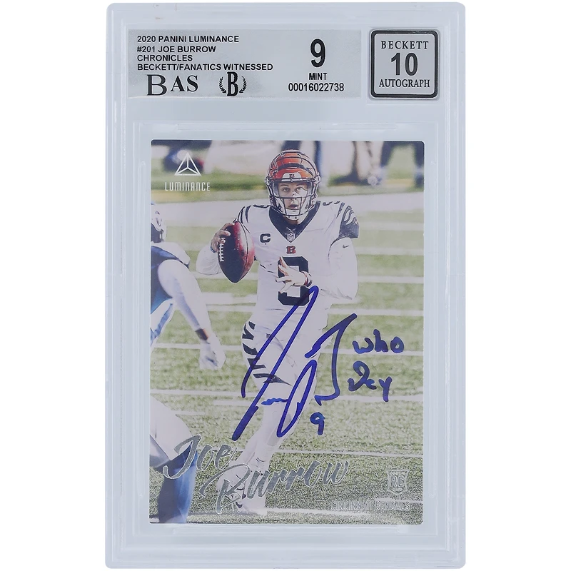 Joe Burrow Cincinnati Bengals Autographed 2020 Panini Luminance #201 Beckett Fanatics Witnessed Authenticated 9/10 Rookie Card with "Who Dey" Inscription - 10,8.5,9.5,9.5 Subgrades