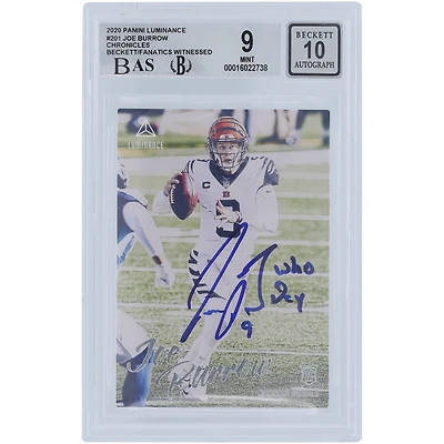Joe Burrow Cincinnati Bengals Autographed 2020 Panini Luminance #201 Beckett Fanatics Witnessed Authenticated 9/10 Rookie Card with "Who Dey" Inscription - 10,8.5,9.5,9.5 Subgrades
