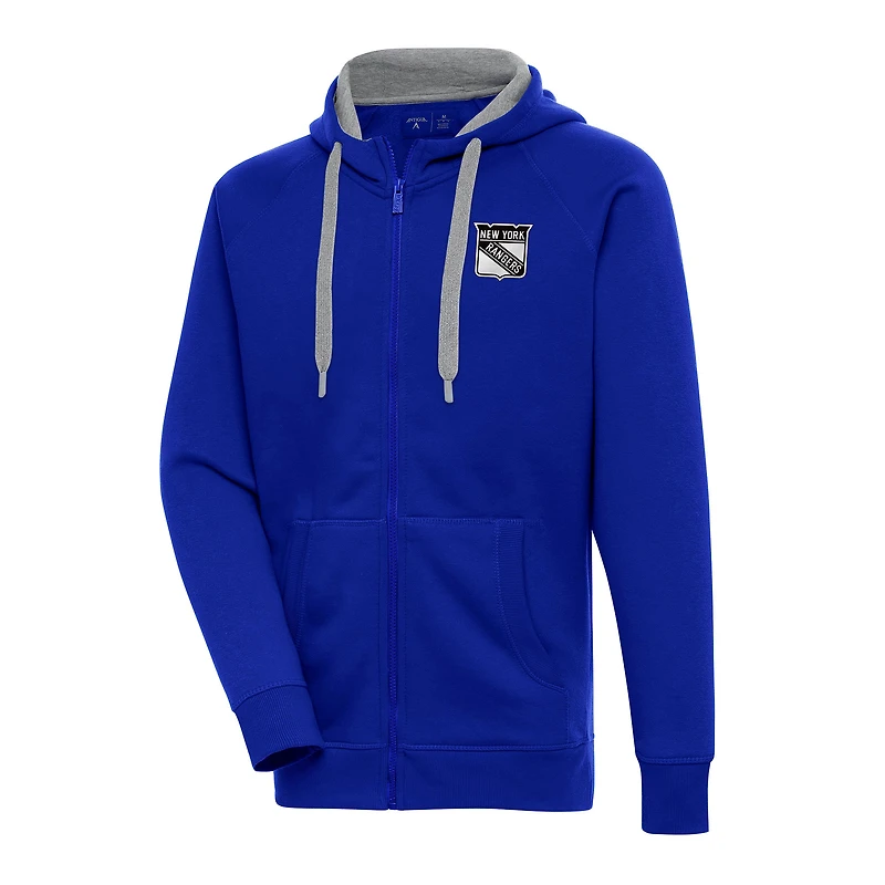 Men's Antigua Blue New York Rangers Metallic Logo Victory Full-Zip Hoodie