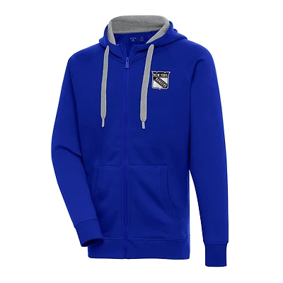 Men's Antigua Blue New York Rangers Metallic Logo Victory Full-Zip Hoodie
