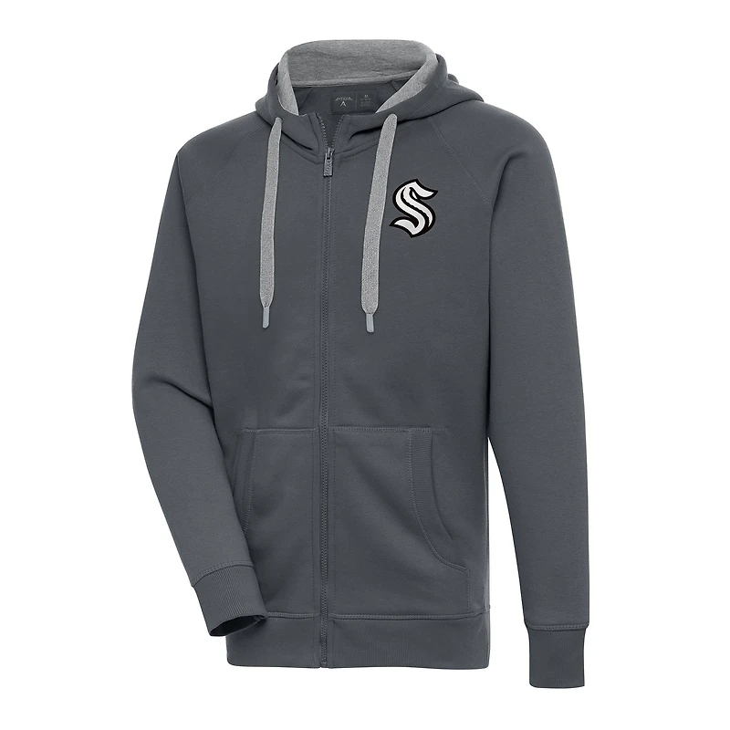 Men's Antigua  Charcoal Seattle Kraken Metallic Logo Victory Full-Zip Hoodie