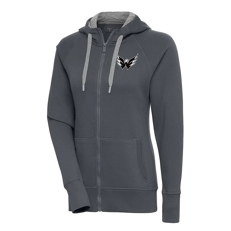Women's Antigua  Charcoal Washington Capitals Metallic Logo Victory Full-Zip Hoodie