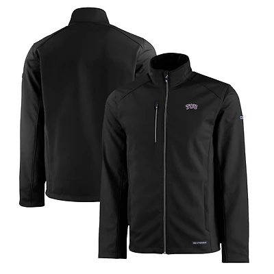 Men's Cutter & Buck Black TCU Horned Frogs Evoke Eco Softshell Recycled Full-Zip Jacket