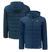 Men's Cutter & Buck  Navy West Virginia Mountaineers Evoke Hybrid Eco Softshell Recycled Full-Zip Hoodie Jacket