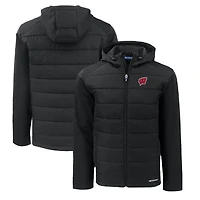 Men's Cutter & Buck  Black Wisconsin Badgers Evoke Hybrid Eco Softshell Recycled Full-Zip Hoodie Jacket