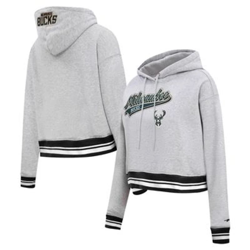 Women's Pro Standard Heather Gray Milwaukee Bucks Script Tail Cropped Pullover Hoodie