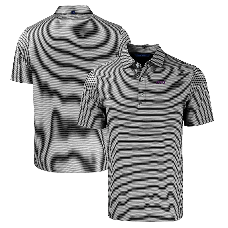 Men's Cutter & Buck  Black/White NYU Violets Forge Eco Double Stripe Stretch Recycled Polo