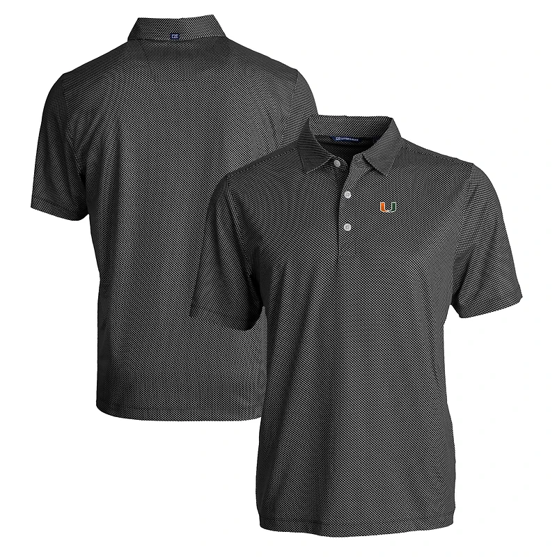 Men's Cutter & Buck Black/White Miami Hurricanes Pike Eco Symmetry Print Stretch Recycled Polo
