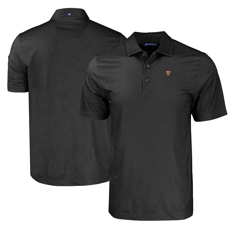 Men's Cutter & Buck Black Harvard Crimson Pike Eco Tonal Geo Print Stretch Recycled Polo