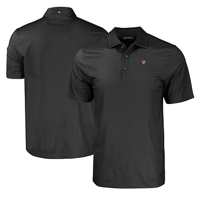 Men's Cutter & Buck Black Harvard Crimson Pike Eco Tonal Geo Print Stretch Recycled Polo