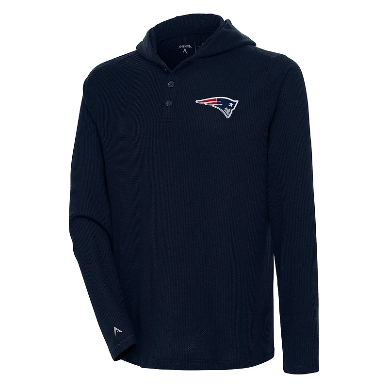 Men's Antigua  Navy New England Patriots Strong Hold Long Sleeve Henley Hoodie T-Shirt