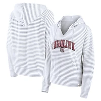 Women's Fanatics White/Gray South Carolina Gamecocks Arch Logo Striped Notch Neck Pullover Hoodie
