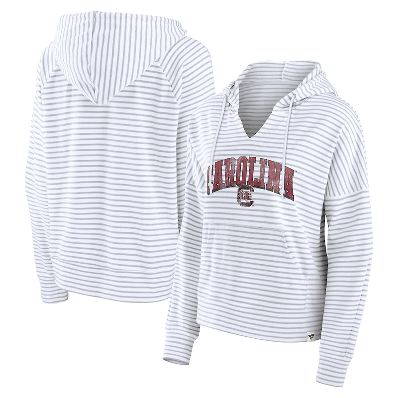 Women's Fanatics White/Gray South Carolina Gamecocks Arch Logo Striped Notch Neck Pullover Hoodie