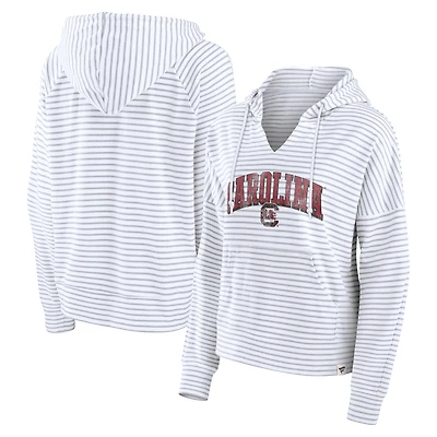 Women's Fanatics White/Gray South Carolina Gamecocks Arch Logo Striped Notch Neck Pullover Hoodie