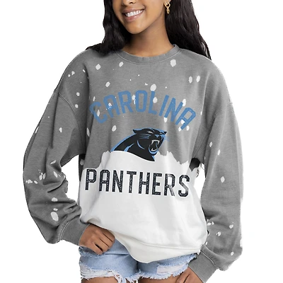 Women's Gameday Couture  Gray Carolina Panthers Oversized Coin Toss Faded French Terry Tri-Blend Pullover Sweatshirt