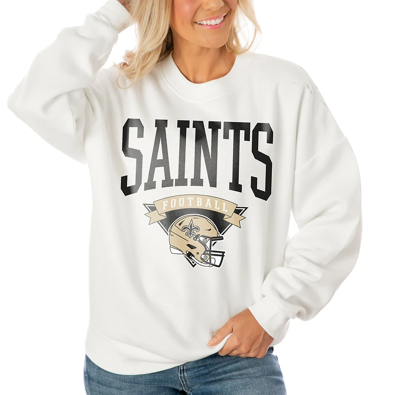 Women's Gameday Couture White New Orleans Saints Oversized Yard Line Tri-Blend Pullover Sweatshirt