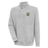 Men's Antigua  Heather Gray Milwaukee Bucks Victory Quarter-Zip Pullover Top