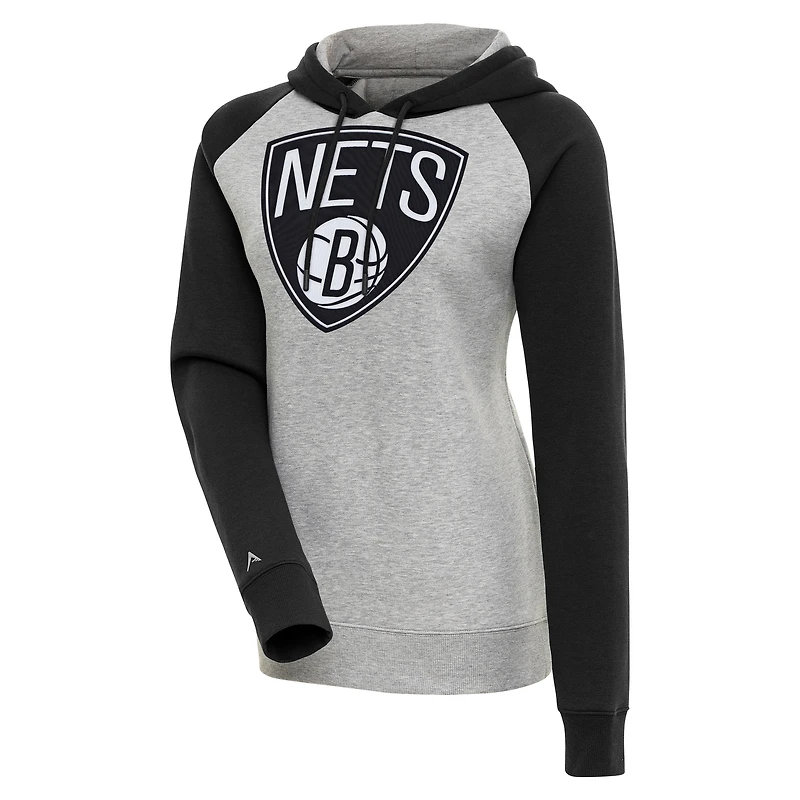 Women's Antigua  Heather Gray/Black Brooklyn Nets Victory Raglan Sleeve Pullover Hoodie