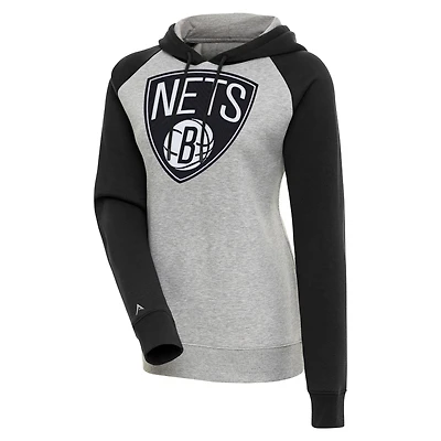 Women's Antigua  Heather Gray/Black Brooklyn Nets Victory Raglan Sleeve Pullover Hoodie