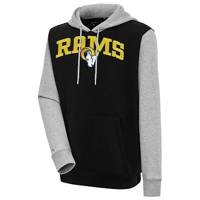 Men's Antigua  Black/Heather Gray Los Angeles Rams Victory Colorblock Pullover Hoodie