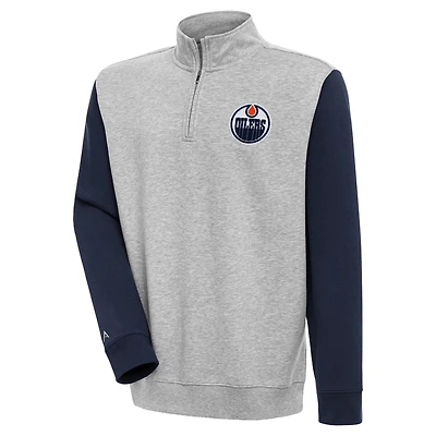 Men's Antigua  Heather Gray/Navy Edmonton Oilers Victory Colorblock Quarter-Zip Pullover Top